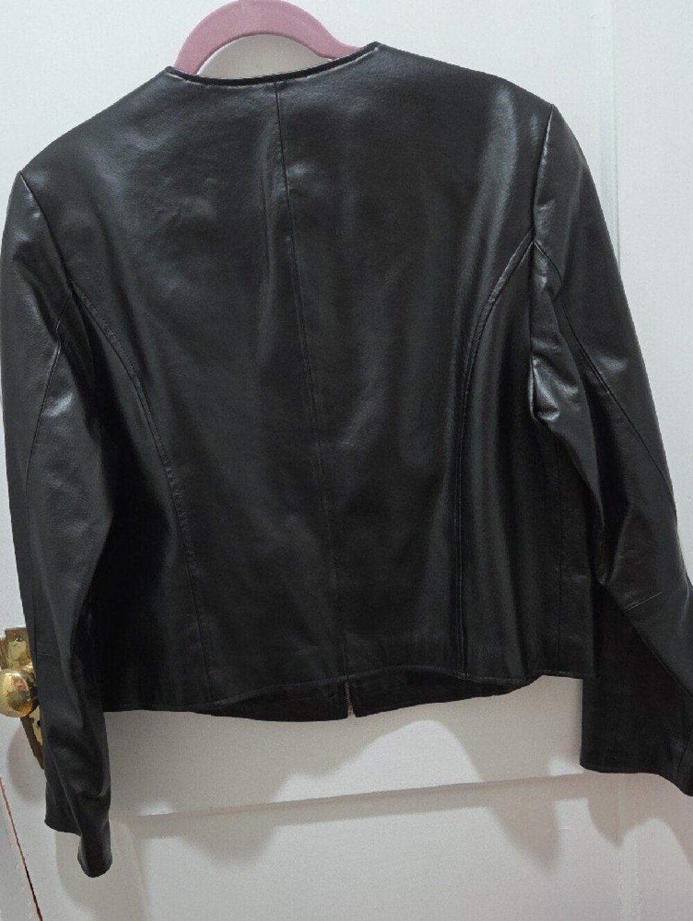 Jessica London Black Leather Zip-Front Collarless Jacket - Picture 3 of 3